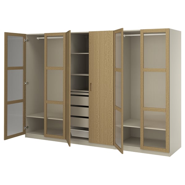 PAX / TONSTAD wardrobe combination, grey-beige/oak veneer glass, 300x60x201 cm