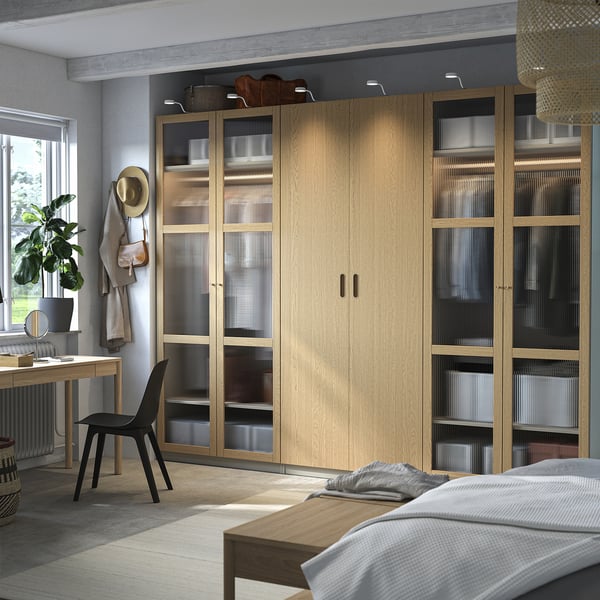 PAX / TONSTAD wardrobe combination, grey-beige/oak veneer glass, 300x60x236 cm