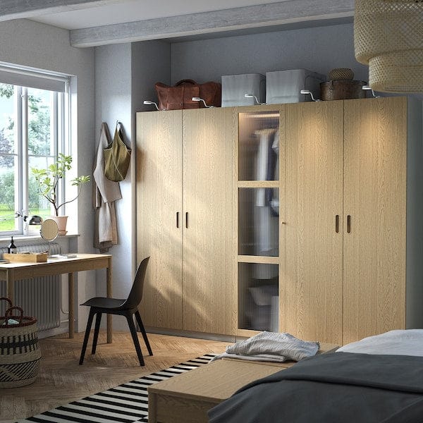 Ikea PAX / TONSTAD - Wardrobe combination, grey-beige/oak veneer glass, 250x60x201 cm