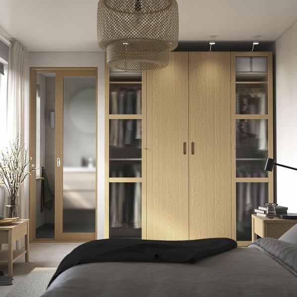 PAX / TONSTAD wardrobe combination, grey-beige/oak veneer glass, 200x60x236 cm