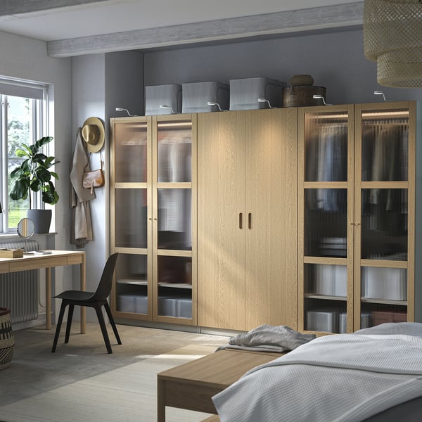 PAX / TONSTAD wardrobe combination, grey-beige/oak veneer glass, 300x60x201 cm
