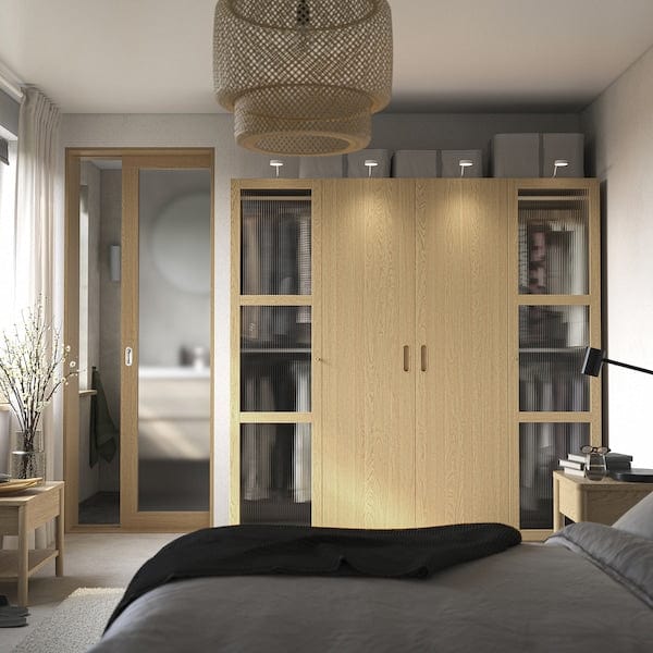 Ikea PAX / TONSTAD - Wardrobe combination, grey-beige/oak veneer glass, 200x60x201 cm