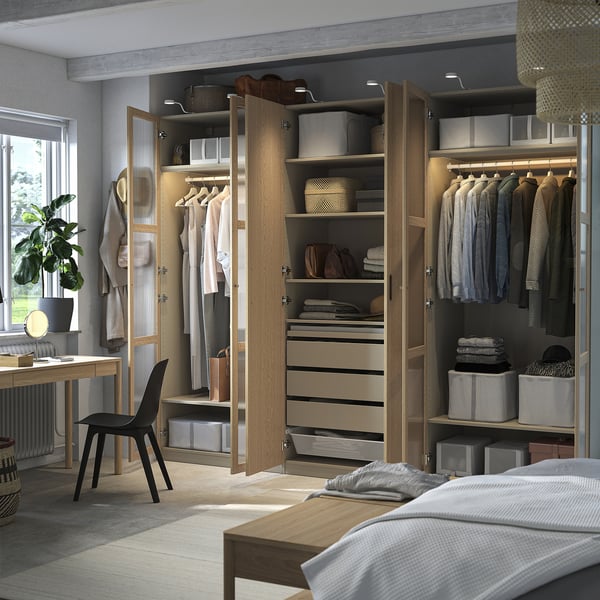 PAX / TONSTAD wardrobe combination, grey-beige/oak veneer glass, 300x60x236 cm