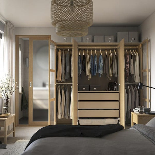 Ikea PAX / TONSTAD - Wardrobe combination, grey-beige/oak veneer glass, 200x60x201 cm