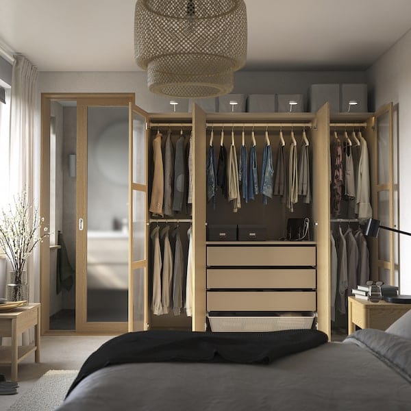 Ikea PAX / TONSTAD - Wardrobe combination, grey-beige/oak veneer glass, 200x60x201 cm