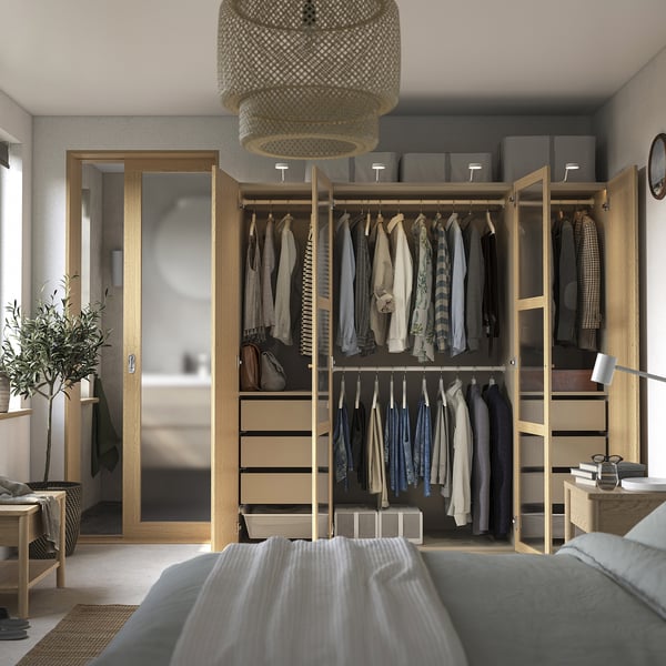 PAX / TONSTAD wardrobe combination, grey-beige/oak veneer glass, 200x60x201 cm