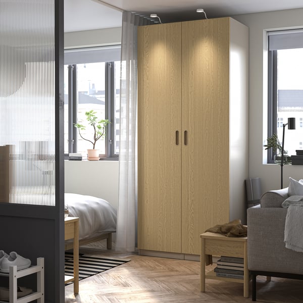 PAX / TONSTAD wardrobe combination, grey-beige/oak veneer, 100x60x236 cm