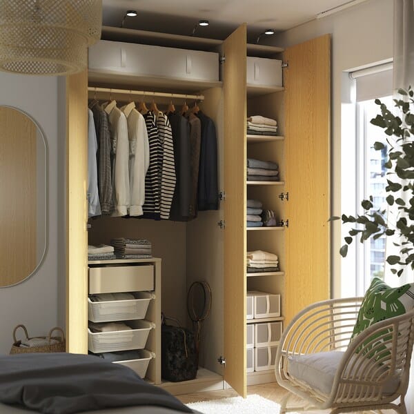 Ikea PAX / TONSTAD - Wardrobe combination, grey-beige/oak veneer, 150x60x236 cm