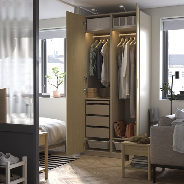 PAX / TONSTAD wardrobe combination, grey-beige/oak veneer, 100x60x236 cm