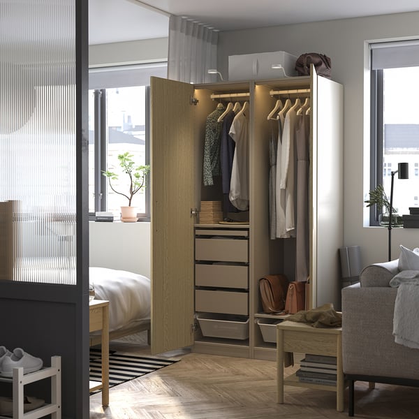 PAX / TONSTAD wardrobe combination, grey-beige/oak veneer, 100x60x201 cm