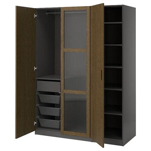 Ikea PAX / TONSTAD - Wardrobe combination, dark grey brown/ oak veneer/glass stain,150x60x201 cm
