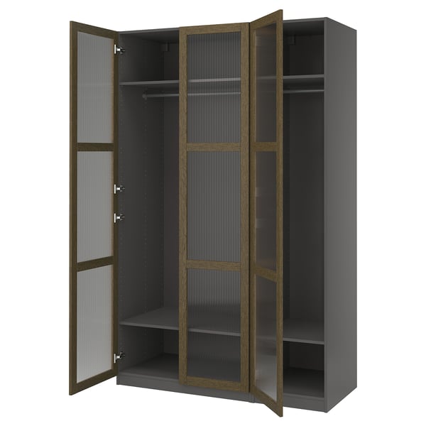 PAX / TONSTAD wardrobe combination, dark grey brown/stained oak veneer glass, 150x60x236 cm