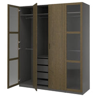 PAX / TONSTAD wardrobe combination, dark grey brown/stained oak veneer glass, 200x60x236 cm
