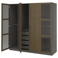 PAX / TONSTAD wardrobe combination, dark grey brown/stained oak veneer glass, 200x60x201 cm