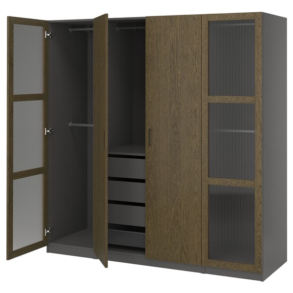 PAX / TONSTAD wardrobe combination, dark grey brown/stained oak veneer glass, 200x60x201 cm
