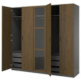 PAX / TONSTAD wardrobe combination, dark grey brown/stained oak veneer glass, 250x60x236 cm