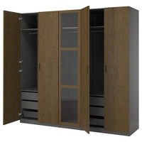 PAX / TONSTAD wardrobe combination, dark grey brown/stained oak veneer glass, 250x60x236 cm