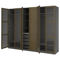 PAX / TONSTAD wardrobe combination, dark grey brown/stained oak veneer glass, 300x60x236 cm
