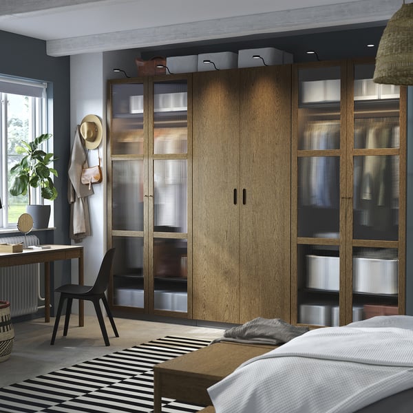 PAX / TONSTAD wardrobe combination, dark grey brown/stained oak veneer glass, 300x60x236 cm