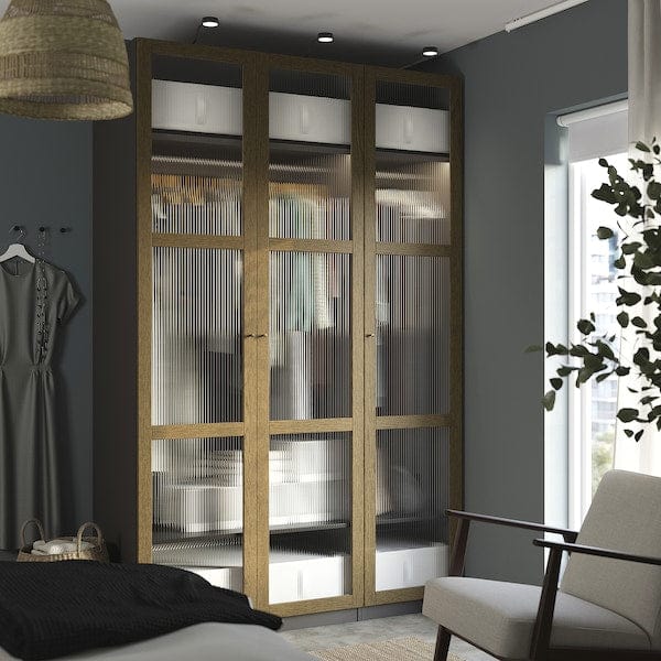 Ikea PAX / TONSTAD - Cloakroom combination, dark grey-brown/oak veneer/glass stain,150x60x236 cm
