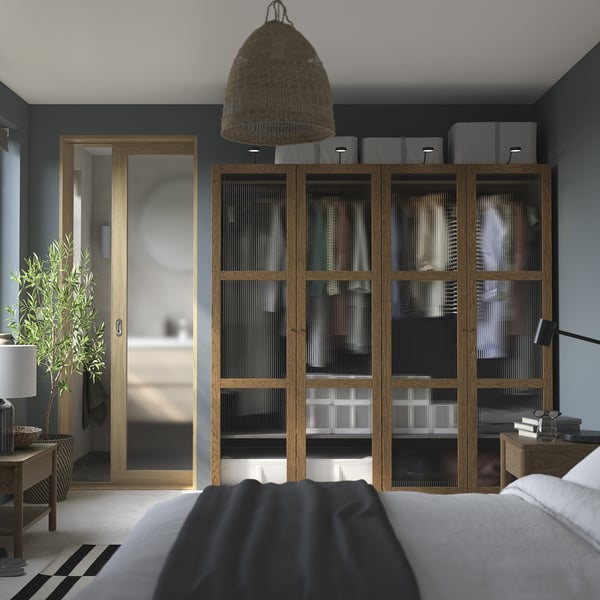 PAX / TONSTAD wardrobe combination, dark grey brown/stained oak veneer glass, 200x60x201 cm