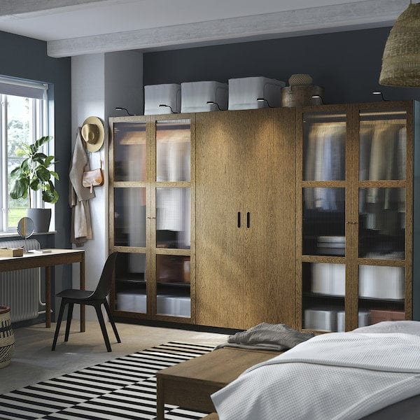 Ikea PAX / TONSTAD - Cloakroom combination, dark grey-brown/oak veneer/glass stain,300x60x201 cm