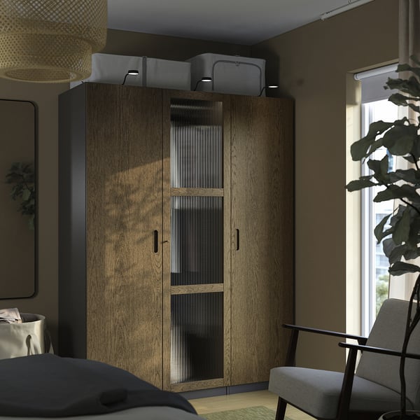 PAX / TONSTAD wardrobe combination, dark grey brown/stained oak veneer glass, 150x60x201 cm