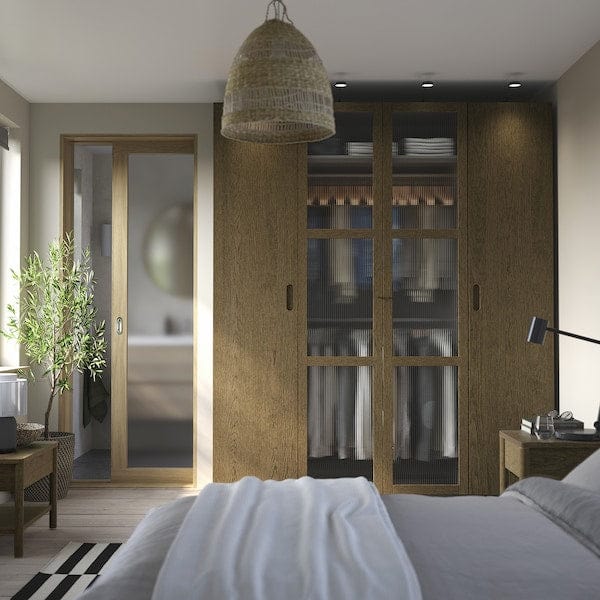 Ikea PAX / TONSTAD - Wardrobe combination, dark grey brown/ oak veneer/glass stain,200x60x236 cm
