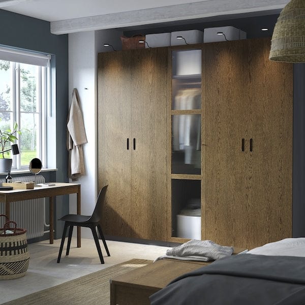 Ikea PAX / TONSTAD - Wardrobe combination, dark grey brown/ oak veneer/glass stain,250x60x236 cm