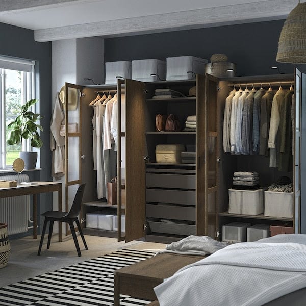 Ikea PAX / TONSTAD - Cloakroom combination, dark grey-brown/oak veneer/glass stain,300x60x201 cm