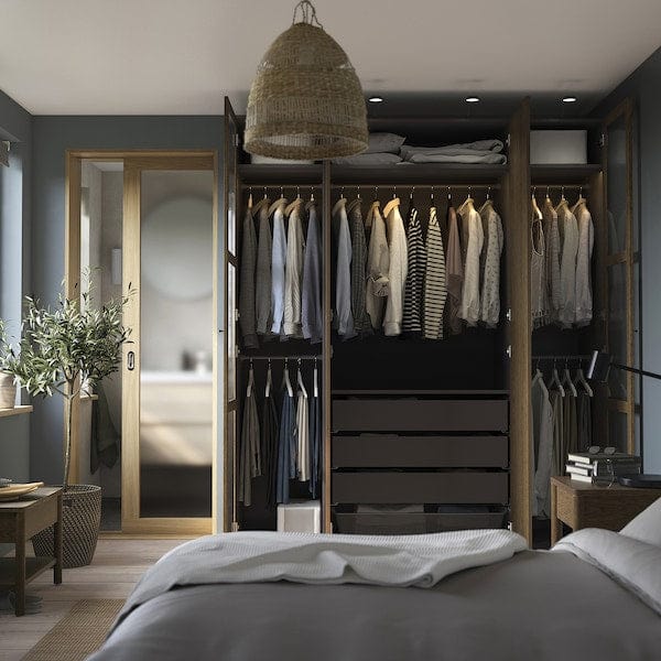 Ikea PAX / TONSTAD - Wardrobe combination, dark grey brown/ oak veneer/glass stain,200x60x236 cm