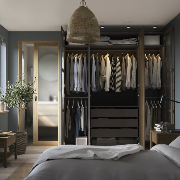 PAX / TONSTAD wardrobe combination, dark grey brown/stained oak veneer glass, 200x60x236 cm