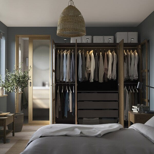 Ikea PAX / TONSTAD - Wardrobe combination, dark grey brown/ oak veneer/glass stain,200x60x201 cm