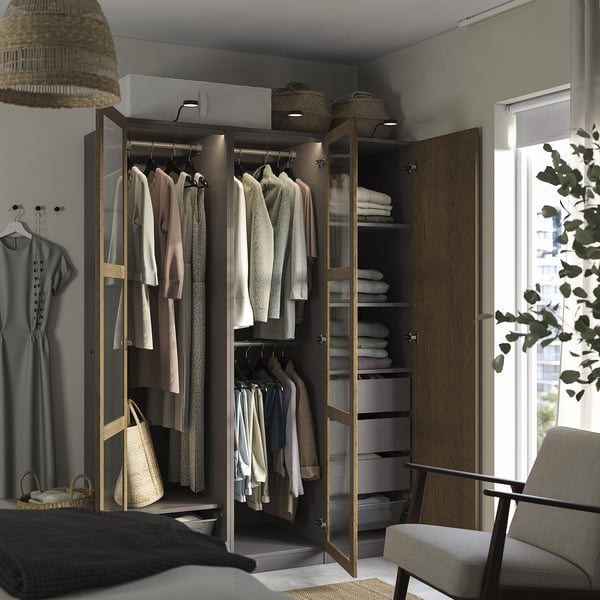 PAX / TONSTAD wardrobe combination, dark grey brown/stained oak veneer glass, 150x60x201 cm