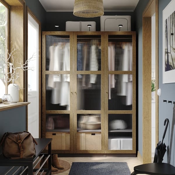 Ikea PAX / TONSTAD - Wardrobe combination, dark grey brown/ oak veneer/glass stain,150x60x201 cm