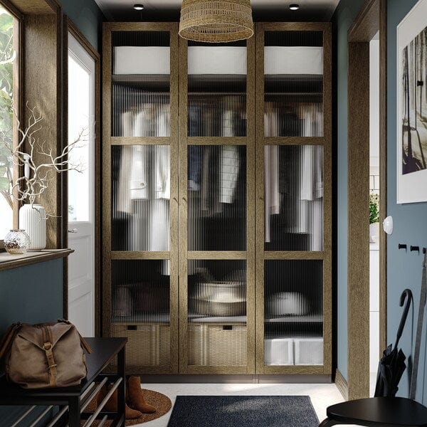 Ikea PAX / TONSTAD - Cloakroom combination, dark grey-brown/oak veneer/glass stain,150x60x236 cm