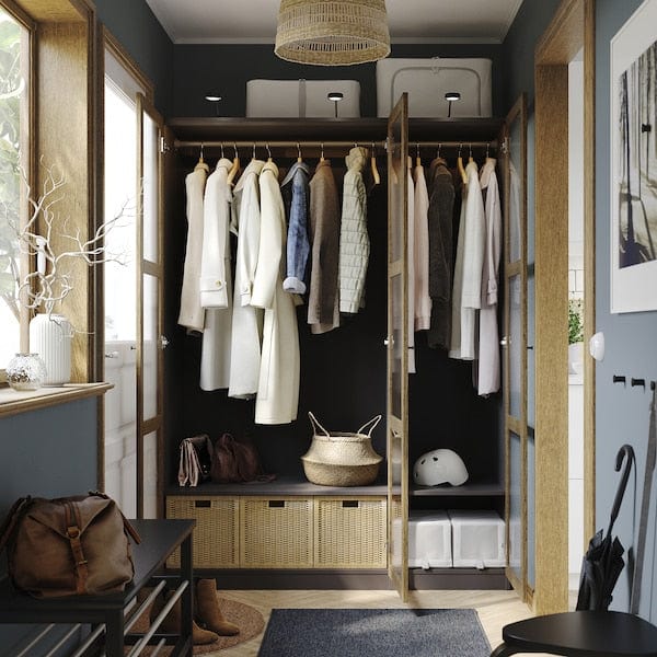 Ikea PAX / TONSTAD - Wardrobe combination, dark grey brown/ oak veneer/glass stain,150x60x201 cm