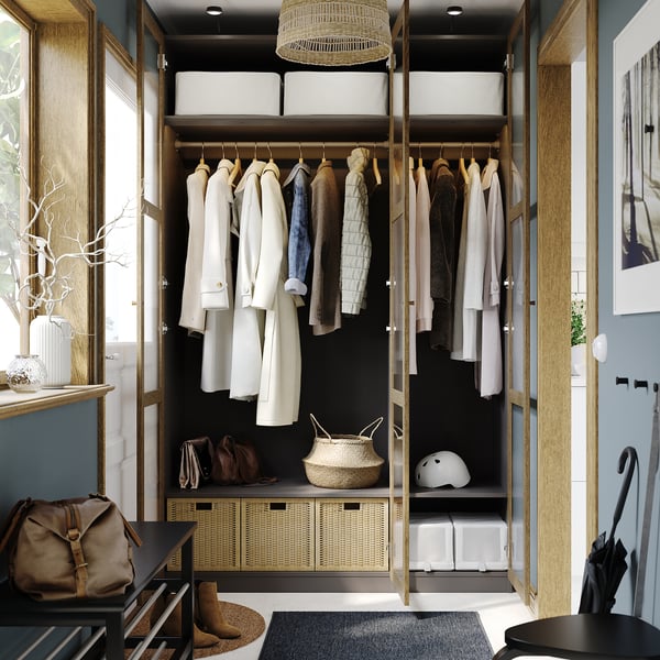 PAX / TONSTAD wardrobe combination, dark grey brown/stained oak veneer glass, 150x60x236 cm