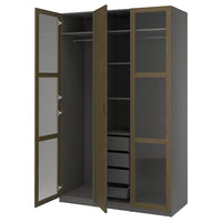 PAX / TONSTAD wardrobe combination, dark grey brown/stained oak veneer glass, 150x60x236 cm