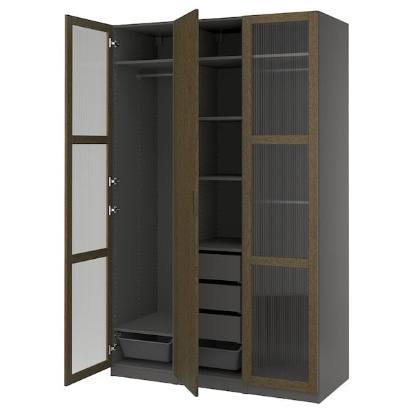 Ikea PAX / TONSTAD - Cloakroom combination, dark grey-brown/oak veneer/glass stain,150x60x236 cm