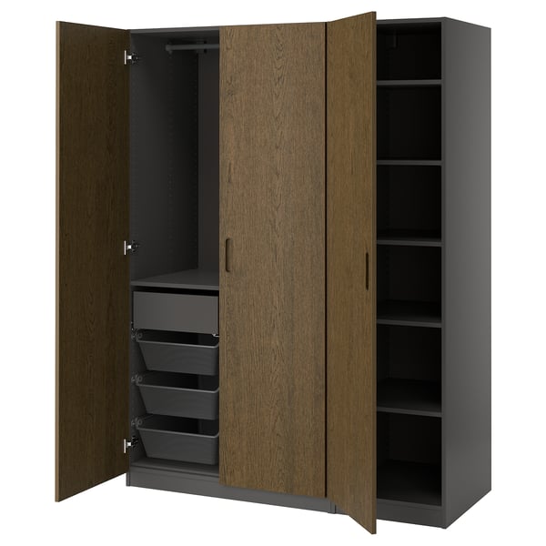 PAX / TONSTAD wardrobe combination, dark grey/brown stained oak veneer, 150x60x201 cm