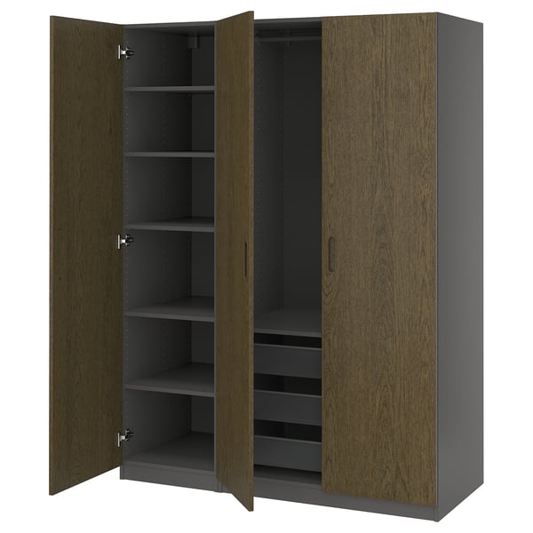 PAX / TONSTAD wardrobe combination, dark grey/brown stained oak veneer, 150x60x201 cm