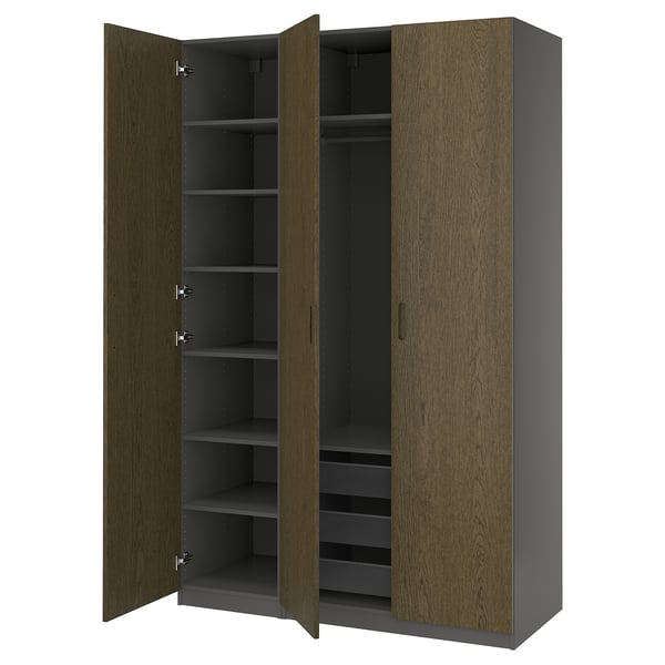 PAX / TONSTAD wardrobe combination, dark grey/brown stained oak veneer, 150x60x236 cm