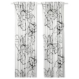 PELARKÖRSBÄR curtains, 1 pair, white/black floral pattern/with heading tape, 145x300 cm