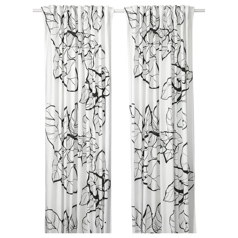 PELARKÖRSBÄR curtains, 1 pair, white/black floral pattern/with heading tape, 300x145 cm