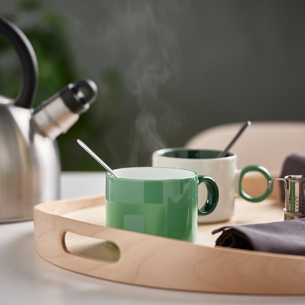 PIGGÅL mug, white/green, 30 cl, 2 pack