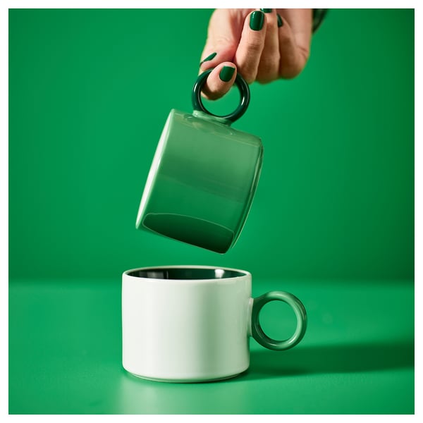 PIGGÅL mug, white/green, 30 cl, 2 pack