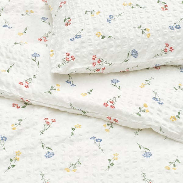 PILDVÄRGMAL duvet cover and pillowcase, white/floral pattern, 150x200/50x80 cm