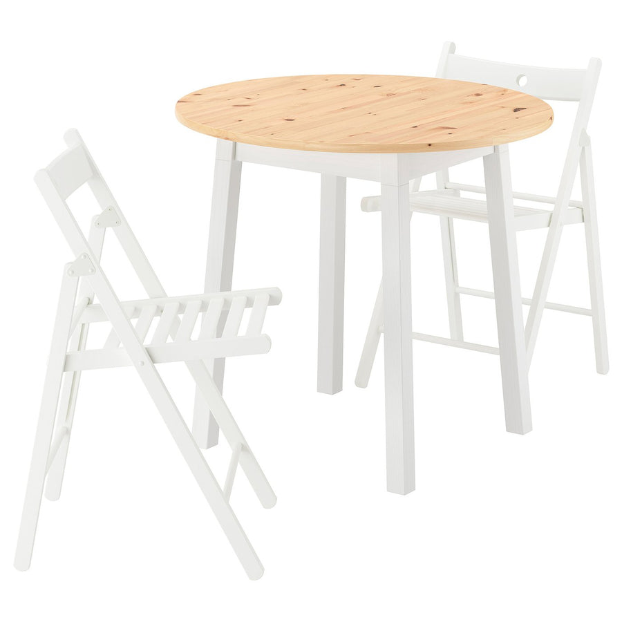PINNTORP / FRÖSVI table and 2 folding chairs, light brown stained white stained/pine white, 85 cm