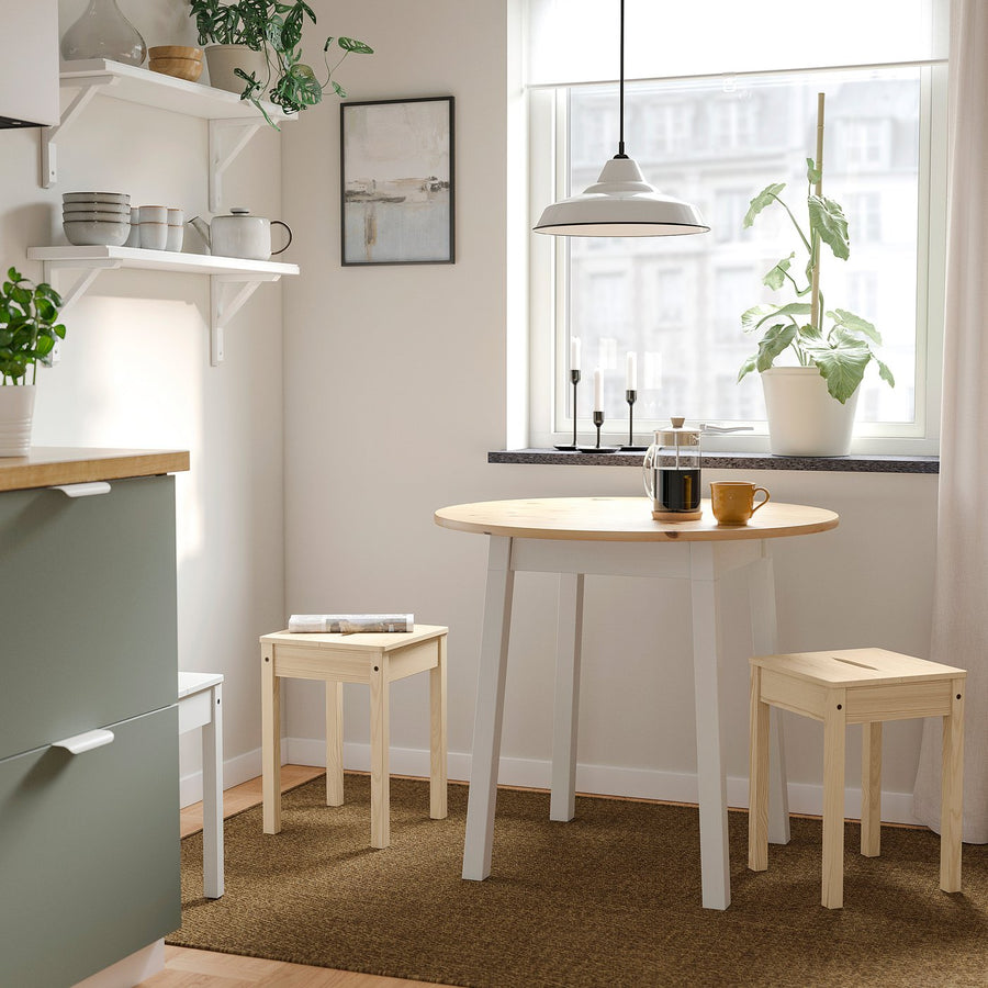 PINNTORP / HÄGERNÄS table and 2 stools, light brown stained white stained/pine, 85 cm